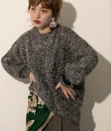 그레이 라메 믹스 오버 사이즈 니트