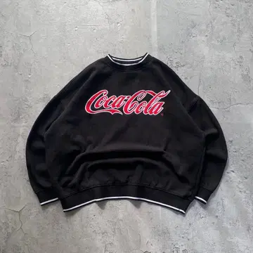 코카콜라 USA 구제 의류 자수 로고 리브 라인 기업계 맨투맨 블랙