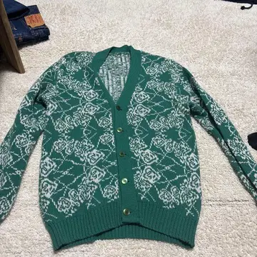 60s 그린 꽃무늬 가디건 앞 버튼식