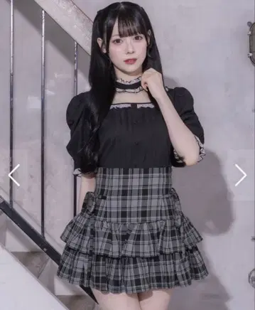 pium 사이드 리본 캉캉 스커트 그레이 체크