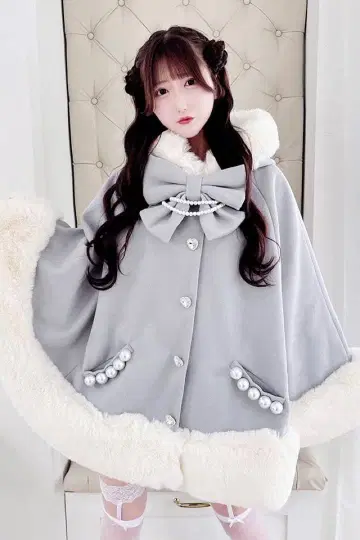 MARS Princess Melody 리본 포함 볼륨 퍼 케이프 코트