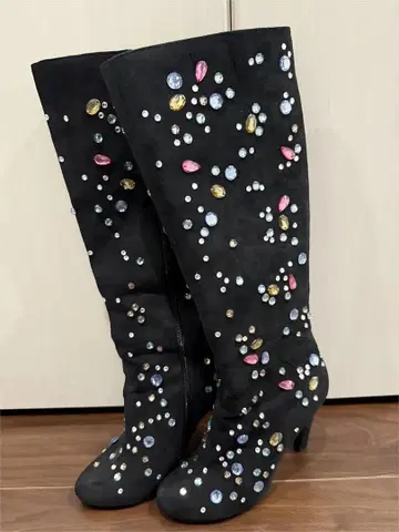 컬러풀 스톤 장식 블랙 롱 부츠