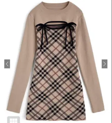 새상품! 택 포함! 체크 무늬 프론트 오픈 리본 니트 미니 원피스