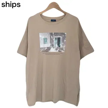 쉽스 포토 프린트 여성용 반팔 면 둥근넥 베이지 T셔츠 프리