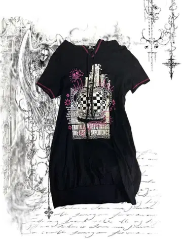 아르곤킨 반팔 후드티 emo y2k 핑크 블랙 T셔츠