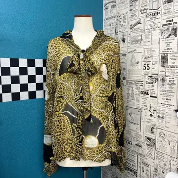 레오파드 무늬 긴팔 시스루 셔츠 보타이