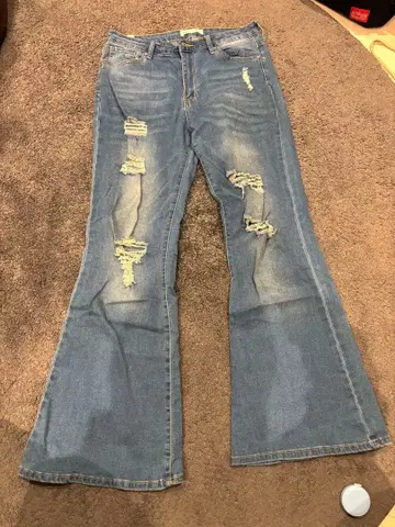 라이트 블루 데미지 플레어 데님 구제 의류 부츠컷 70s