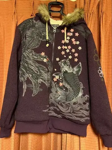 L 사이즈 명경지수 후드티 일본풍 패턴 잉어 봉황 벚꽃 자수