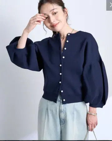 [명품 전후 2WAY] 펄 퐁당 슬리브 니트 가디건 네이비