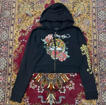 Ed Hardy y2k 크롭 타이거 지퍼 후드티 금색 블랙