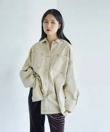 LEPSIM 프린지 패치/BIG 데님 셔츠 베이지