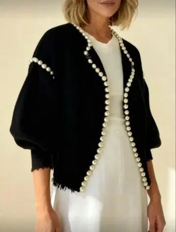 펄 장식 블랙 니트 가디건 엘레강트 니트 스웨터