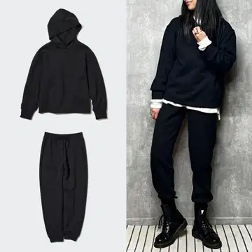 유니클로 드라이 맨투맨 후드티 셋업 블랙