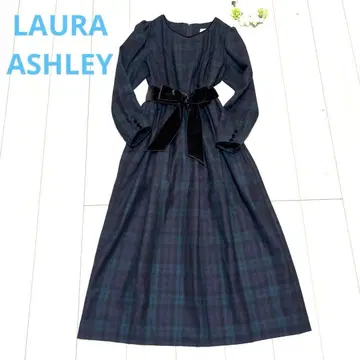 새상품급 로라 애슐리 롱 원피스 플레어 체크 리본 긴팔 L