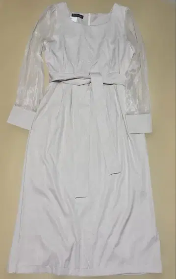 베이지 시스루 소매 롱 드레스