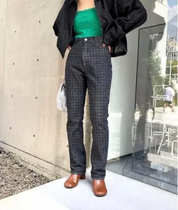 후즈후 갤러리 가죽 체크 데님 팬츠 블랙 면 여성용