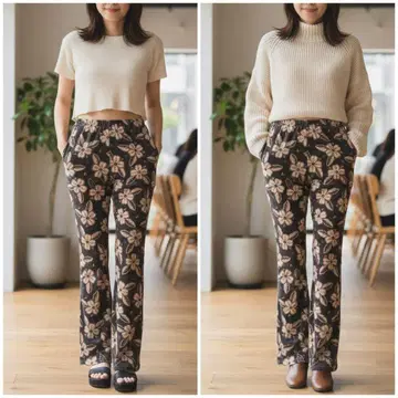 스포티 스웨이드 플레어 부츠컷 꽃무늬 여성용 캐주얼 팬츠
