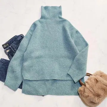 슬로브 이에나 양쪽 골지 하이넥 스웨터 리브 니트 울 100% 색스