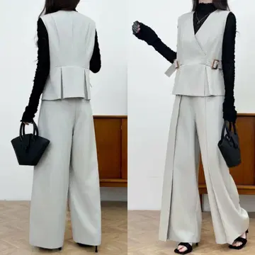 새상품 emi+ 사이드 벨트 카슈쿨 베스트 팬츠 셋업