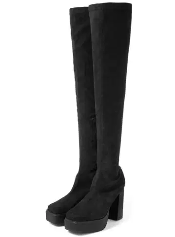 통굽 스퀘어토 스트레치 니하이 부츠