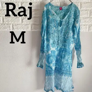 [ Raj ] M 긴팔 원피스 자수 블루 계열 코튼 100% V넥