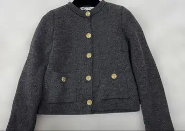 자라 니트 가디건 두꺼운 원단 골드 버튼 그레이 노카라