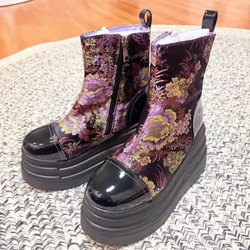 요스케 YOSUKE 통굽 부츠 숏부츠 블랙 퍼플 일본풍 패턴