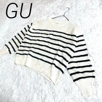 GU 화이트 블랙 스트라이프 니트 스웨터 긴팔 캐주얼 심플 거친 짜임