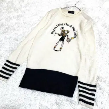 스트라이프 패턴 자수 긴팔 니트 화이트 로고 캐주얼 롱 기장