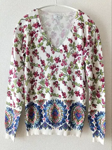 에트로 ETRO 베리&페이즐리 V넥 스웨터 실크 혼방 사이즈 40