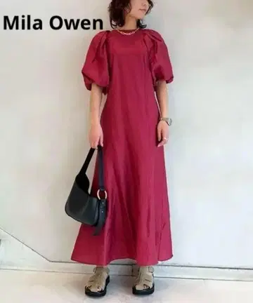 [미라 오웬] 볼륨 슬리브 내로우 플레어 원피스