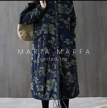 마리아마파 롱 코트 L 블루 꽃무늬 보아 후드