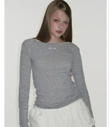 CRANK Striped Basic Boat Neck Top_Gray