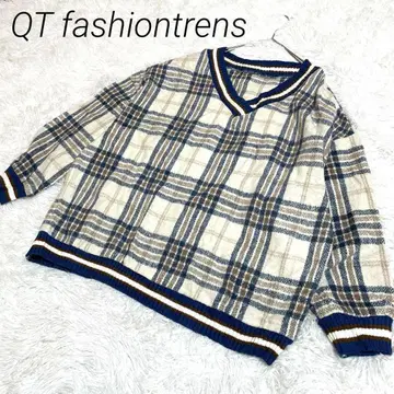 QT fashiontrens 체크 무늬 V넥 니트 긴팔
