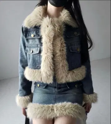 밈 셀렉 인조 모피 데님 자켓 & 퍼 미니 스커트