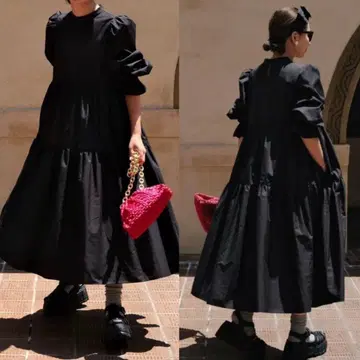 [ UNMINOU ] 새상품급 티어드 퍼프 슬리브 원피스 블랙 플레어