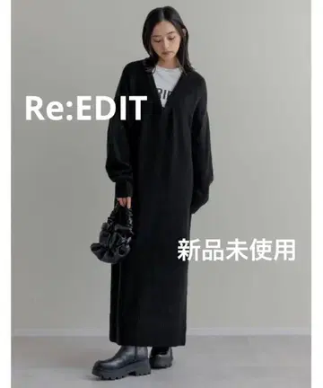 미사용 새상품 Re:EDIT V넥 부클 니트 원피스 블랙 L 사이즈