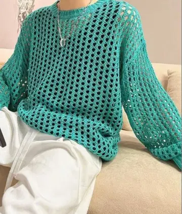 메쉬 편직 민트 그린 니트 스웨터