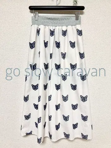 고슬로우 캐러밴 고양이 패턴 프린트 허리 리브 스커트 검은 고양이