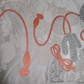 후쿠로 오비 꽃무늬 자수 실버 오렌지