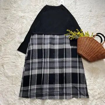 새상품 도킹 원피스 이소재 콤비 체크 코튼 블랙 M~L