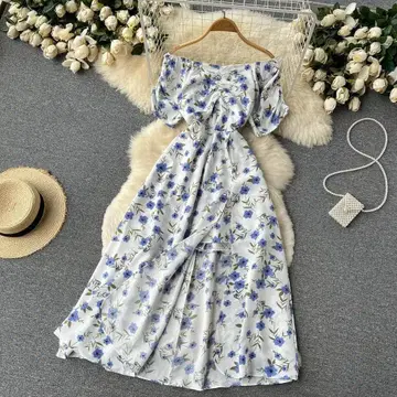 오프숄더 꽃무늬 원피스 드레스 슬릿 화이트 블루 작은 꽃