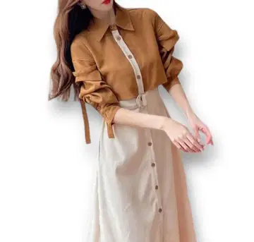 한국 원피스 배색 케이프 셔츠 롱 원피스 천 벨트 포함