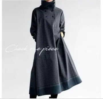 antiqua 안티카 체크 무늬 하이넥 원피스 레트로