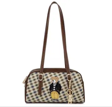체크 무늬 곰 자수 숄더백 브라운 계열