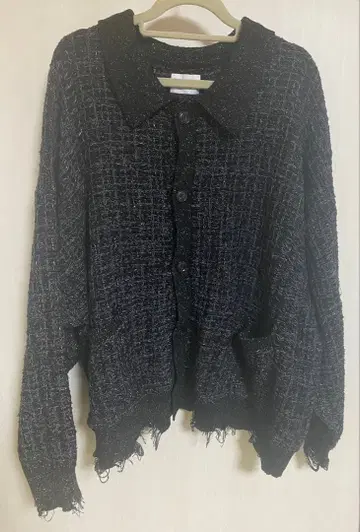 GIDEAL 라메 트위드 데미지 니트 가디건 블랙