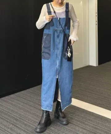 JEANASIS 패치워크 점프 스커트 데님 원피스