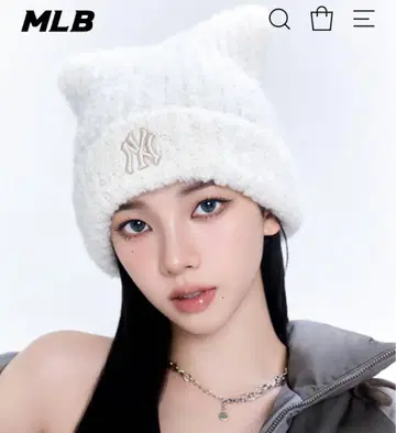 새상품 MLB 한국 한정판 고양이 귀 비니 크림 니트 모자 카리나 착용