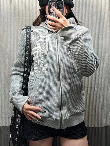 그레이 메쉬 집업 후드티 영문 그런지 y2k 시크 스타일