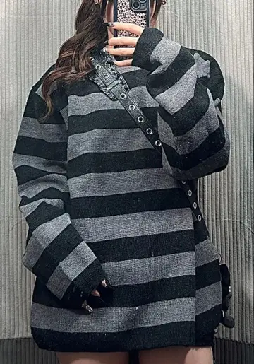 오버 사이즈 블랙과 그레이 스트라이프 니트 그런지 y2k 헤이세이 갸루